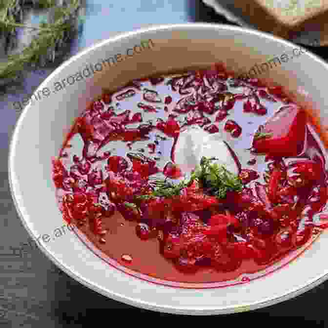 A Bowl Of Steaming Borscht, A Classic Russian Soup Made With Beets And Vegetables Russian Language Food And Beverages Part III