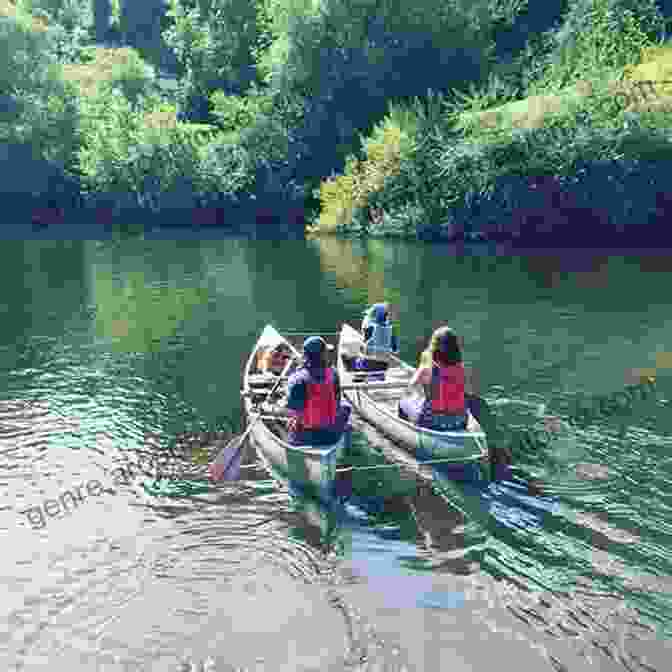 A Group Of North Star Kids Paddling A Canoe Down A River. Twisting Trails: North Star Kids Of The Fur Trade Era